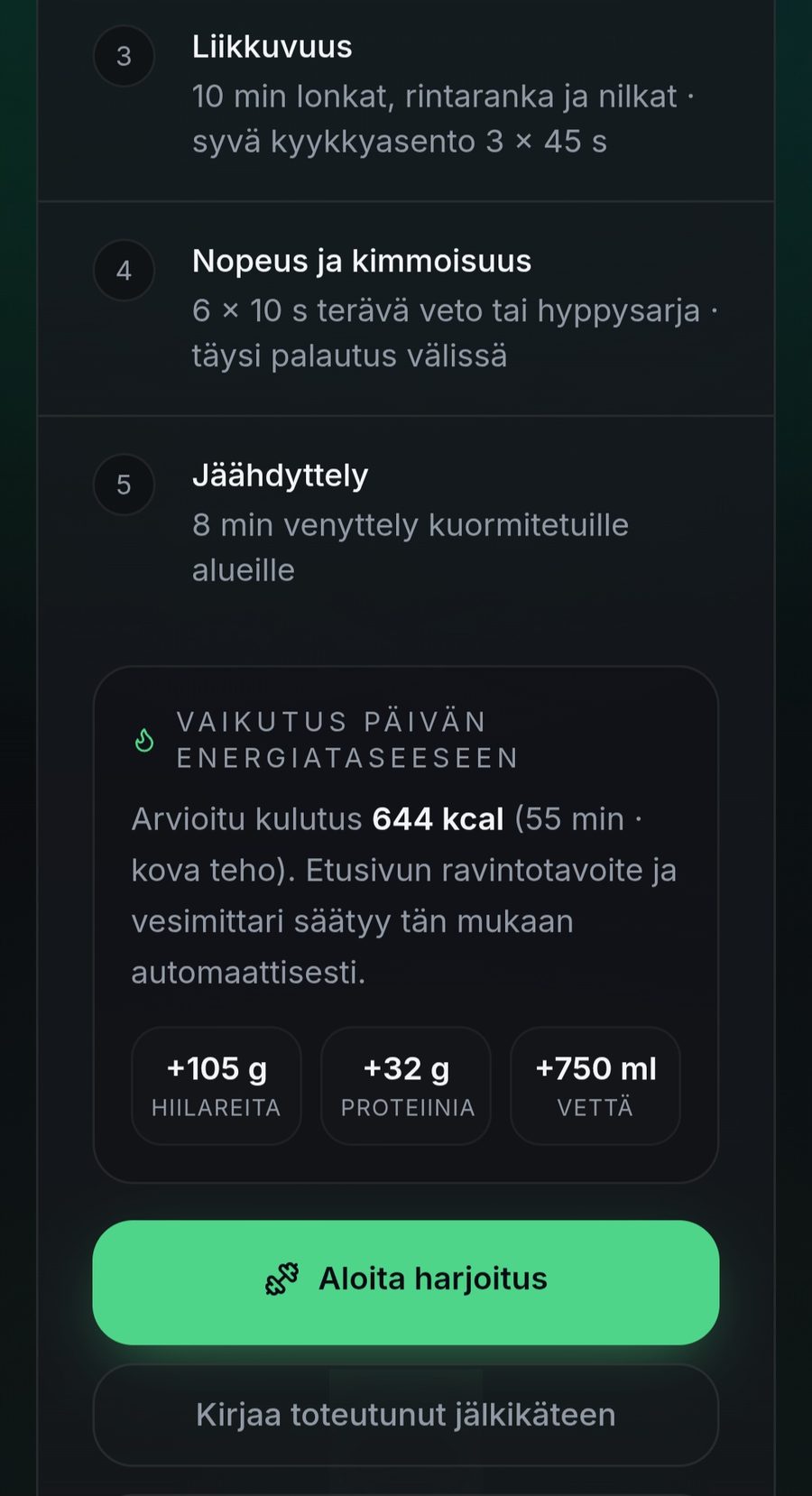 Performance Coach -sovelluksen harjoitusnäkymä